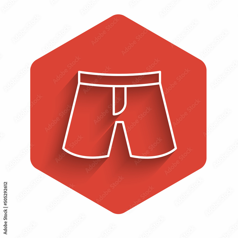 Poster white line short or pants icon isolated with long shadow background. red hexagon button. vector