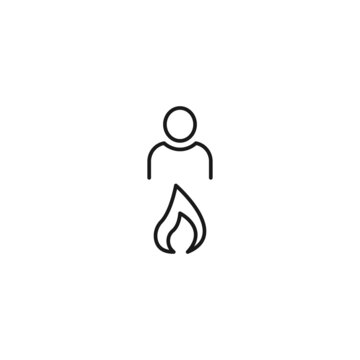 Black and white sign suitable for advertisement, web sites, stores, shops, apps. Editable stroke drawn with thin black line. Vector icon of user next to flame