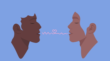 Love is love. pride month. The faces of young people who have love between them. A couple of international gay men. Men in love with each other. Flat vector illustration. LGBT+