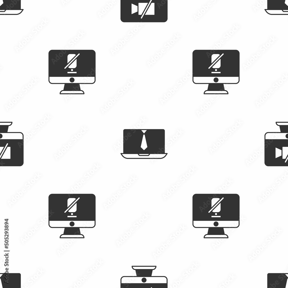 Poster set video camera off on computer, chat conference and mute microphone on seamless pattern. vector