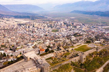 Fototapeta na wymiar High-angle shot of Gjirokaster castle located in Gjirokaster, Albania.