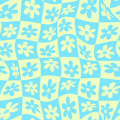 warped checkered smiling daisy pattern. Vector seamless pattern. - 505294274