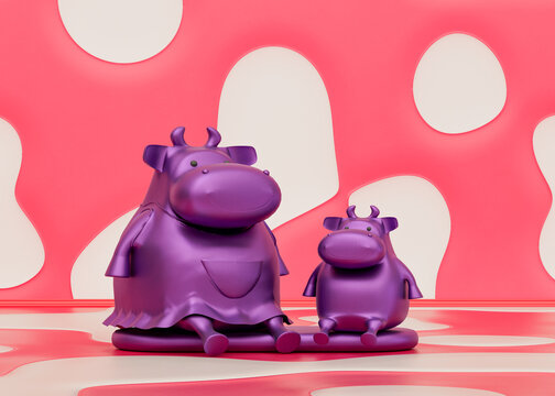Purple mom and child pig toy in pink room for preschool kids, 3d Rendering