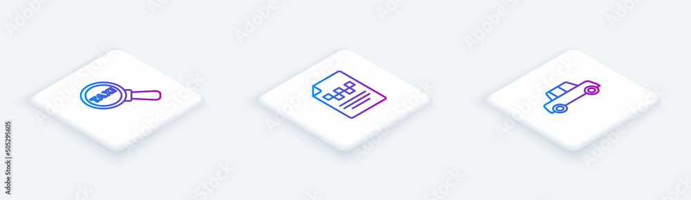 Sticker Set Isometric line Magnifying glass and taxi car, Taxi driver license and Car. White square button. Vector