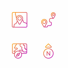 Set line Compass, City map navigation, Folded with location marker and Route. Gradient color icons. Vector