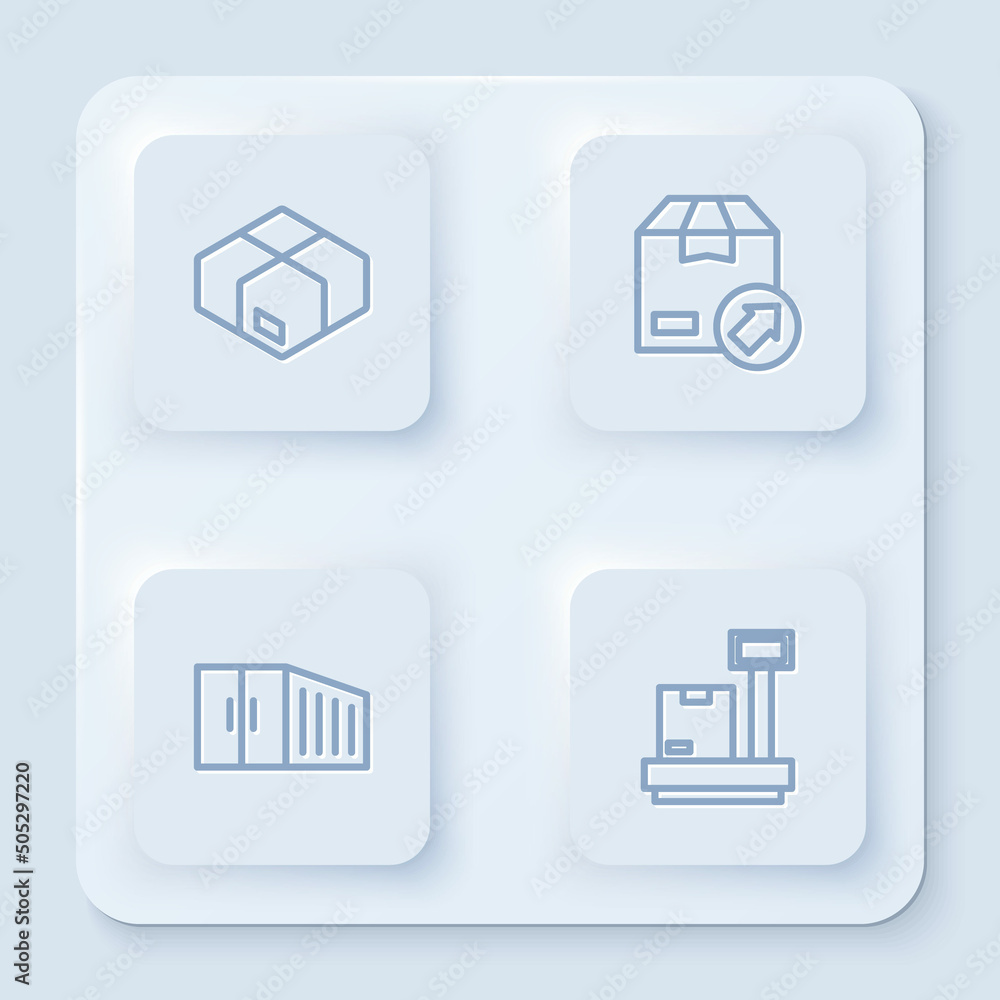 Poster set line carton cardboard box, container and scale with. white square button. vector