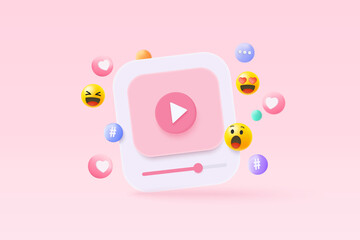 3d social media with live streaming and emotion on frame in pink background. Social media online playing video for make money passive income concept. 3d live entertainment vector render illustration - obrazy, fototapety, plakaty