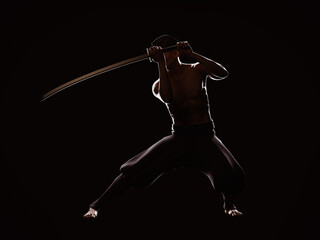 The Spirit of the Samurai. Silhouette of an Asian man holding a sword in the upper position on a dark background. 3D illustration.