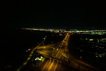 Expressway view from above. Almost empty highway road at night in Canada.