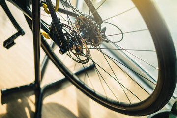 Part of road Bike brake disc in close up. Bicycle shop maintenance technical expertise. details...