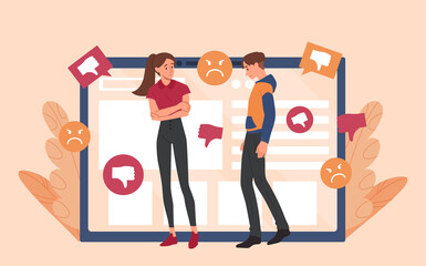 Online bullying concept. Man and girl on background of tablet with social networks. Loneliness and depression, low self esteem, criticism and harassment, abuse. Cartoon flat vector illustration