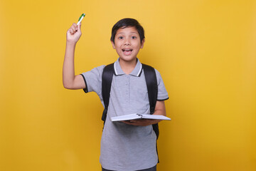 Portrait of an Asian school boy with an expression when he gets an idea or solution, wearing gray...