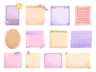 Set of Bullet Journal Stickers sheet. Digital cute sticky notes memo watercolor banner