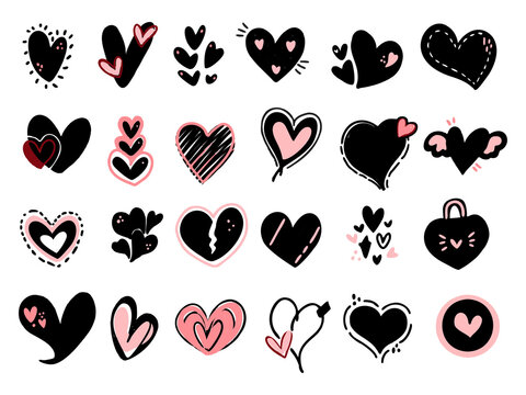 Love doodle drawing element logo symbol clip art set. Black and pink sticker set modern drawing