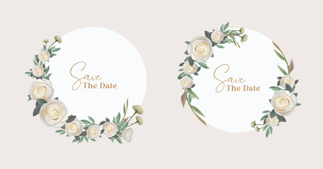 Set of floral Frame wedding invitation circle card template with rose flower watercolor