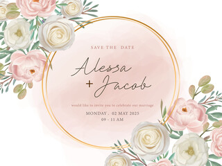 Circle Frame Save the date wedding invitation card template with rose flower watercolor gold