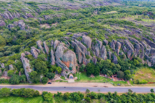 Aerial view of the Cordilleras in Tobati with the Chapel of the Virgin of the Way (Capilla Virgen del Camino) in Paraguay.