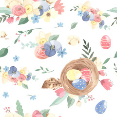 Watercolor seamless pattern. Flowers and eggs. Easter illustration for kids
