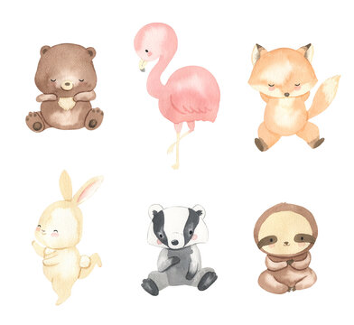 Watercolor bear, flamingo, fox, bunny, badger, sloth. Animal illustration for kids