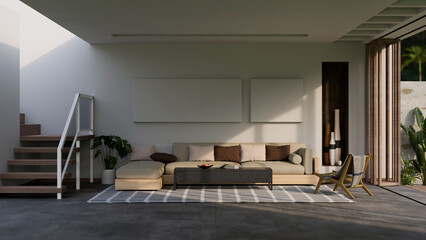 Fototapeta na wymiar Modern contemporary spacious living room interior with corner sofa with lounging
