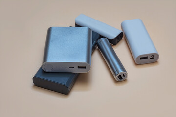 Set of power banks of different sizes on a light background. Choosing a portable charger.