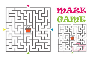 Square maze labyrinth game for kids. Logic conundrum. Four entrance and one right way to go. Vector flat illustration