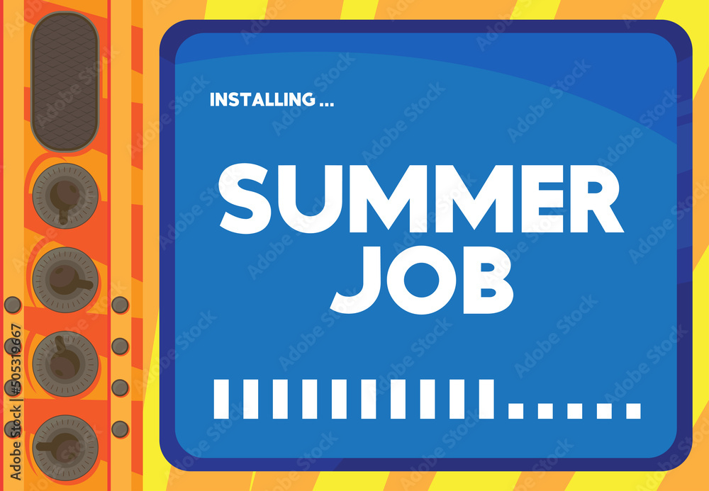 Poster Cartoon Computer With the word Summer Job. Message of a screen displaying an installation window.