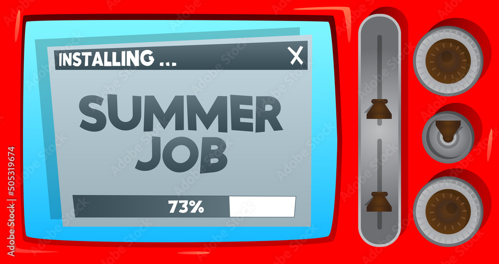 Poster cartoon computer with the word summer job. message of a screen displaying an installation window.