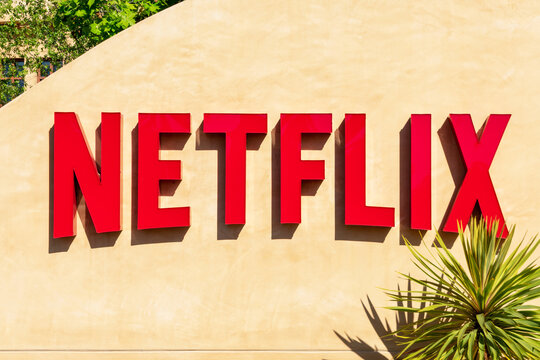 Netflix logo, sign at the main entrance to the Netflix headquarters in Silicon Valley - Los Gatos, California, USA - 2022