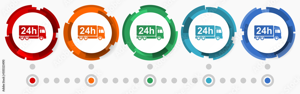 Poster 24h delivery concept vector icon set, modern design abstract web buttons i n 5 color options, infographic template