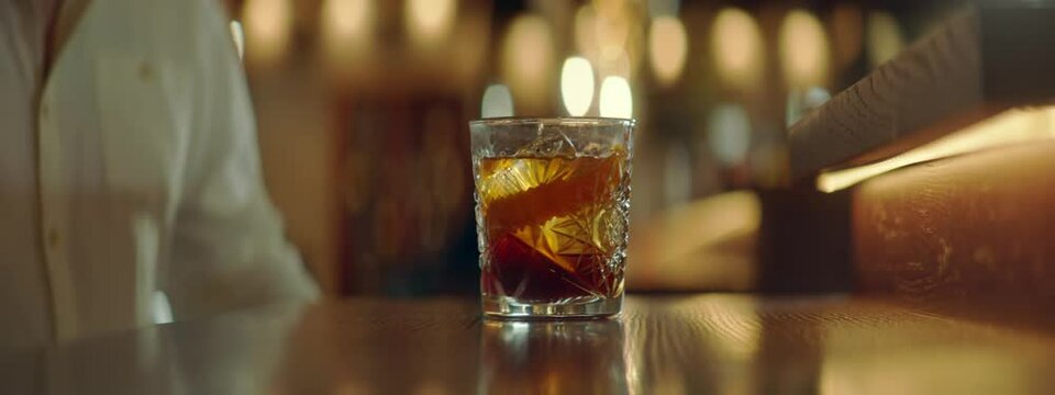 CU Portrait of 50s adult grey haired Caucasian male enjoying a drink at the bar or restaurant in the evening. Shot with 2x anamorphic lens