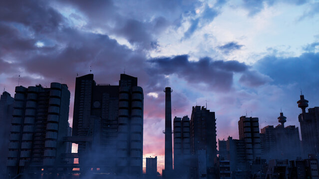 Constructivist City Skyline. Soviet Modernist Architecture against a Cloudy Evening Sky.