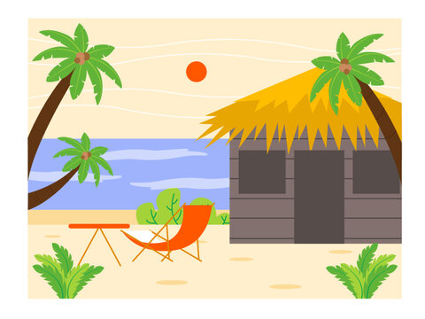 A private cottage that is suitable for enjoying the sunset / sunrise on the beach. Table chairs to relax on the beach. Hotel and resort vector illustration.