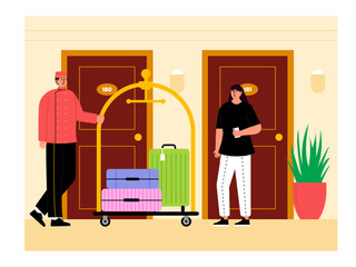 A bell boy uses a trolley to deliver guest's luggage. Hotel guests waiting for their suitcases to come in front of the room. Ai vector illustration