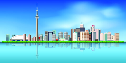 Toronto canada skyline color Buildings, blue sky and reflections. Vector illustration.