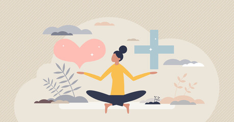 Mental wellbeing with love and health balance for peace tiny person concept. Calm emotions and happiness mindset with value esteem and appreciation vector illustration. Female yoga and meditation pose - obrazy, fototapety, plakaty