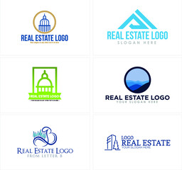 Modern real estate illustration logo template with various symbol such as town building, home roof, abstract tree pine initial logo vector