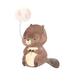 Watercolor beaver with a ball. Woodland animal illustration for kids - obrazy, fototapety, plakaty
