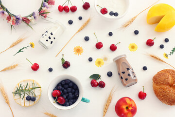 top view photo of dairy products over white wooden background. Symbols of jewish holiday - Shavuot
