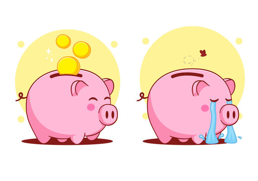 Cartoon illustration happy and sad piggy bank. Saving money concept