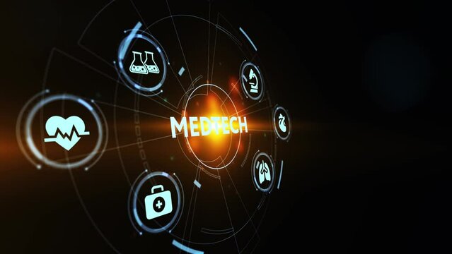 Medtech medical technology information integration internet big data concept on virtual screen.