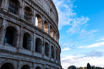 Panoramic view on exterior facade of famous Colosseum (Coloseo) of city of Rome, Lazio, Italy,...