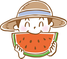 笑顔でスイカを食べている男の子のイメージイラスト