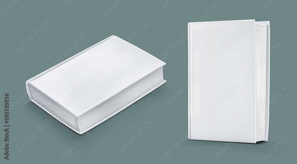 Poster template of blank paper book with white cover. vector realistic mock up of 3d standing and lying clo