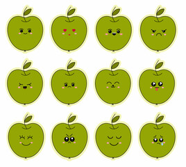 Set of stickers emoticons on a green apple. Funny cartoon emoticons. Vector illustration isolated on white background