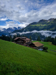 Fototapeta premium Lauterbrunnen, Switzerland - August 19, 2019: Beautiful view of the Alpine Lauterbrunnen valley with wooden chalets in the Jungfrau region. Vertical