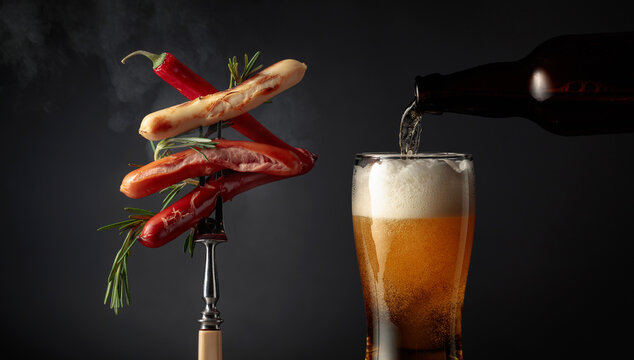 Hot sausages with rosemary, red pepper, and beer.