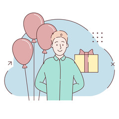 Man hiding gift in box behind his back. Concept of surprise or present, holiday celebration, romantic date, courtship. Balloons. Modern flat design. Illustration for banners, posters, flyers.