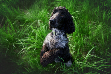 black and white cocker spaniel playing in green grass