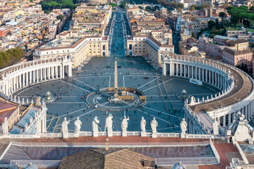 Panoramic scenic high angle aerial view on St Peters Square from top of Peters Basilica in Vatican...